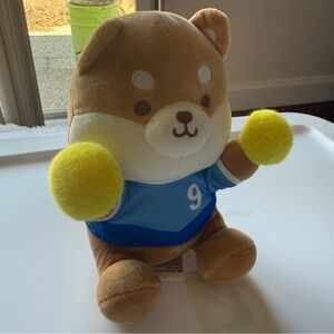 Miniso Plush Cheer Puppy Toy in Brown with Blue Jersey and Yellow Pom- Poms 8.3"